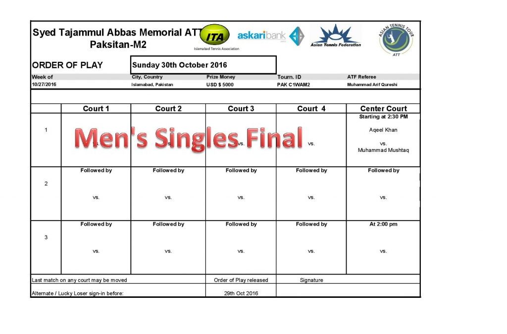 Syed Tajammul Abbas Memorial ATT Pakistan M2 Tennis Championships 2016 – Asian Tennis Tour (ATT)