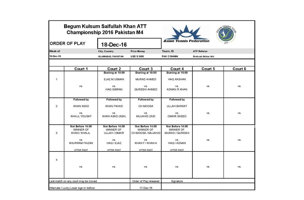 Draw Men’s Qualifying and Main Draw of Men’s singles of Begum Kulsum Saifullah Khan ATT Championships 2016 along with order of play for 18 December 2016