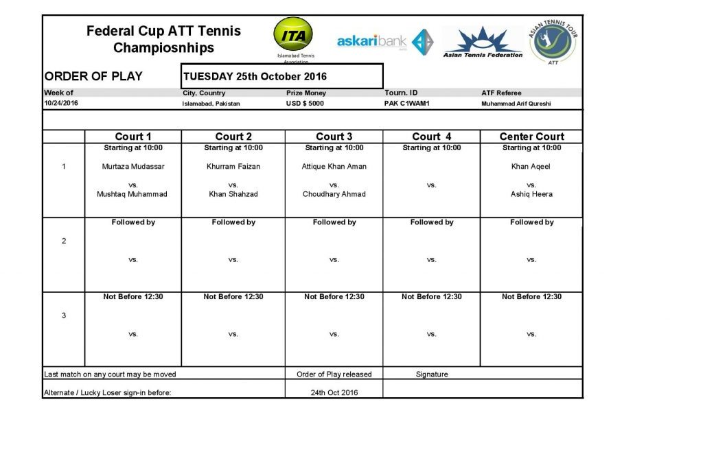 Mens Singles Main Draw and Order of Play on 24th October 2016