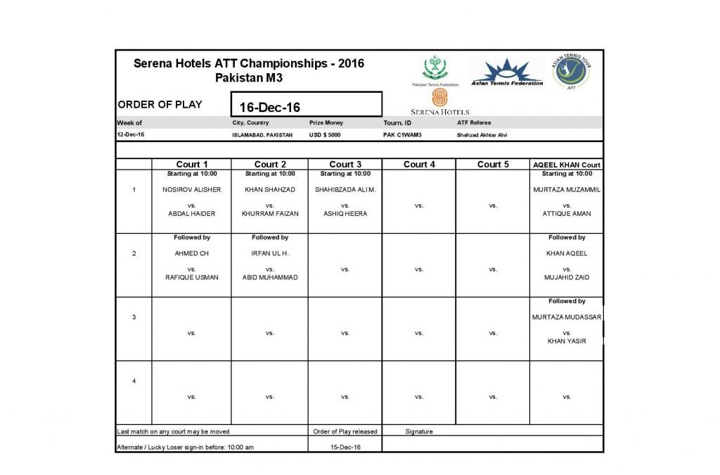Serena Hotels ATT Championships 2016 Men’s Main Draw and Order of Play for 16th Dec 2016
