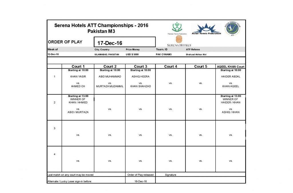 Serena Hotels ATT Championships 2016 Men’s Main Draw and Order of Play for 17th Dec 2016