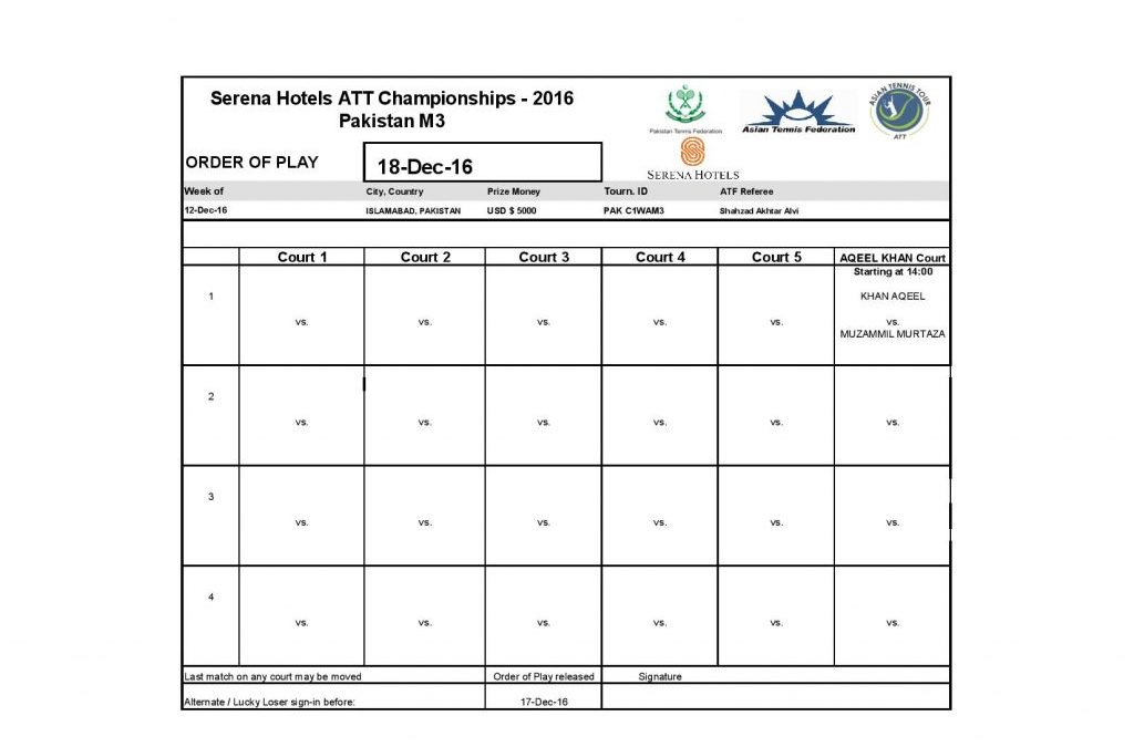 Serena Hotels ATT Championships 2016 Men’s Main Draw and Order of Play for 18th Dec 2016