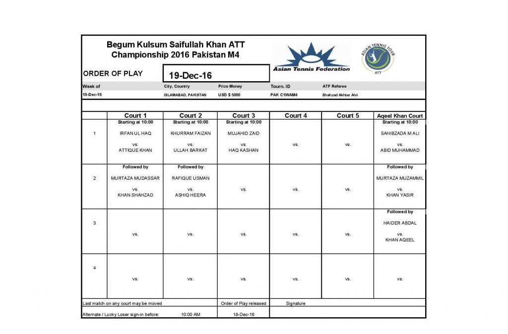 Men’s Qualifying and Main Draw of Men’s singles of Begum Kulsum Saifullah Khan ATT Championships 2016 along with order of play for 19 December 2016