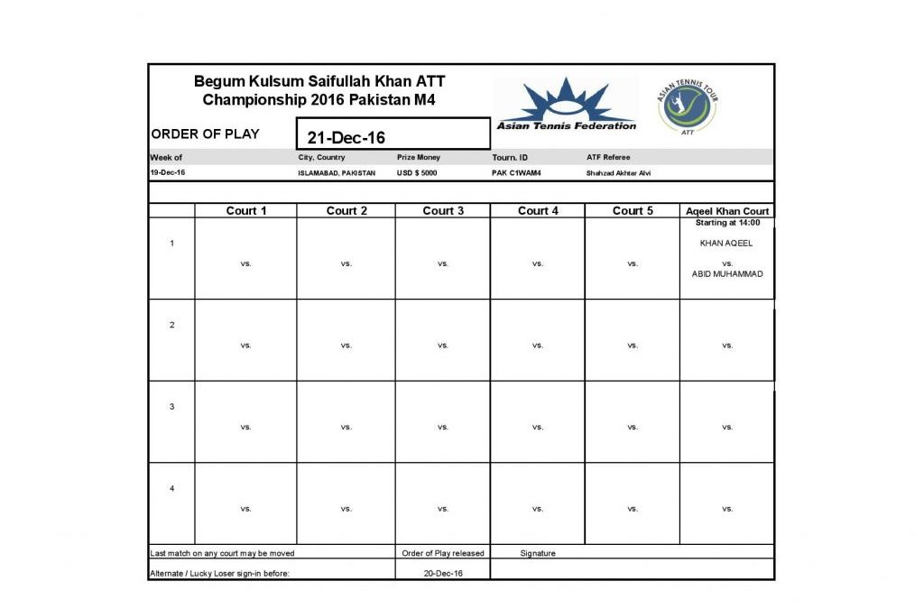 Draw Men’s Qualifying and Main Draw of Men’s singles of Begum Kulsum Saifullah Khan ATT Championships 2016 along with order of play for 20 December 2016